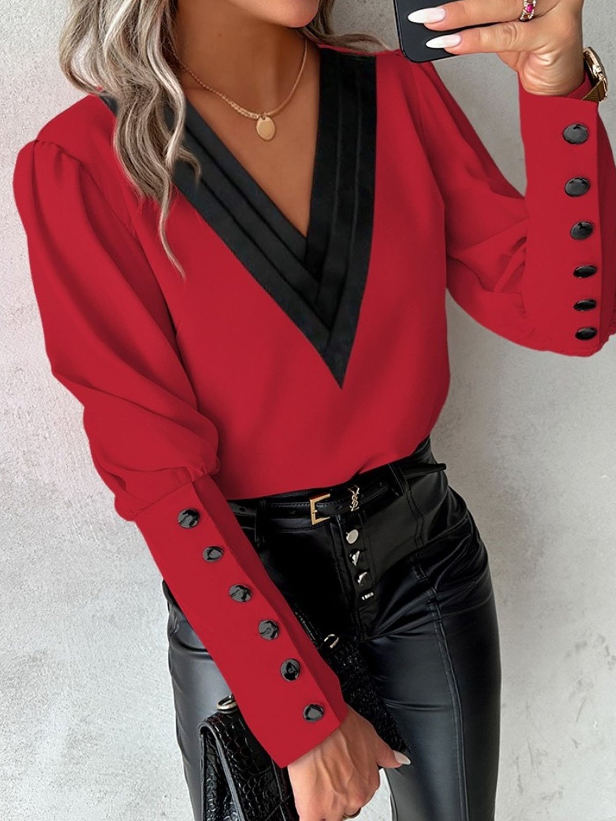 V Neck Long Sleeve Color Block Buckle Regular Loose Blouse For Women