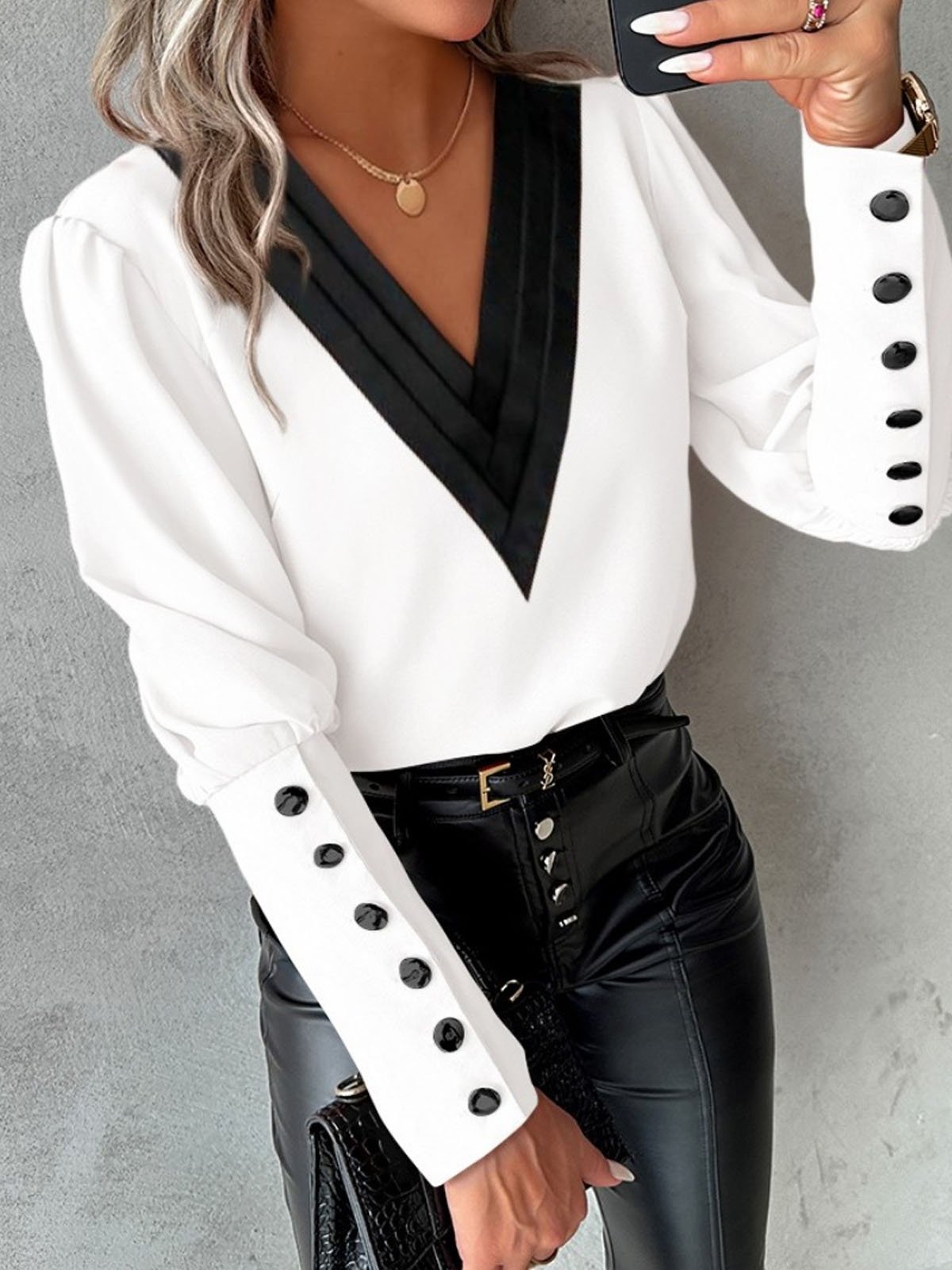 V Neck Long Sleeve Color Block Buckle Regular Loose Blouse For Women