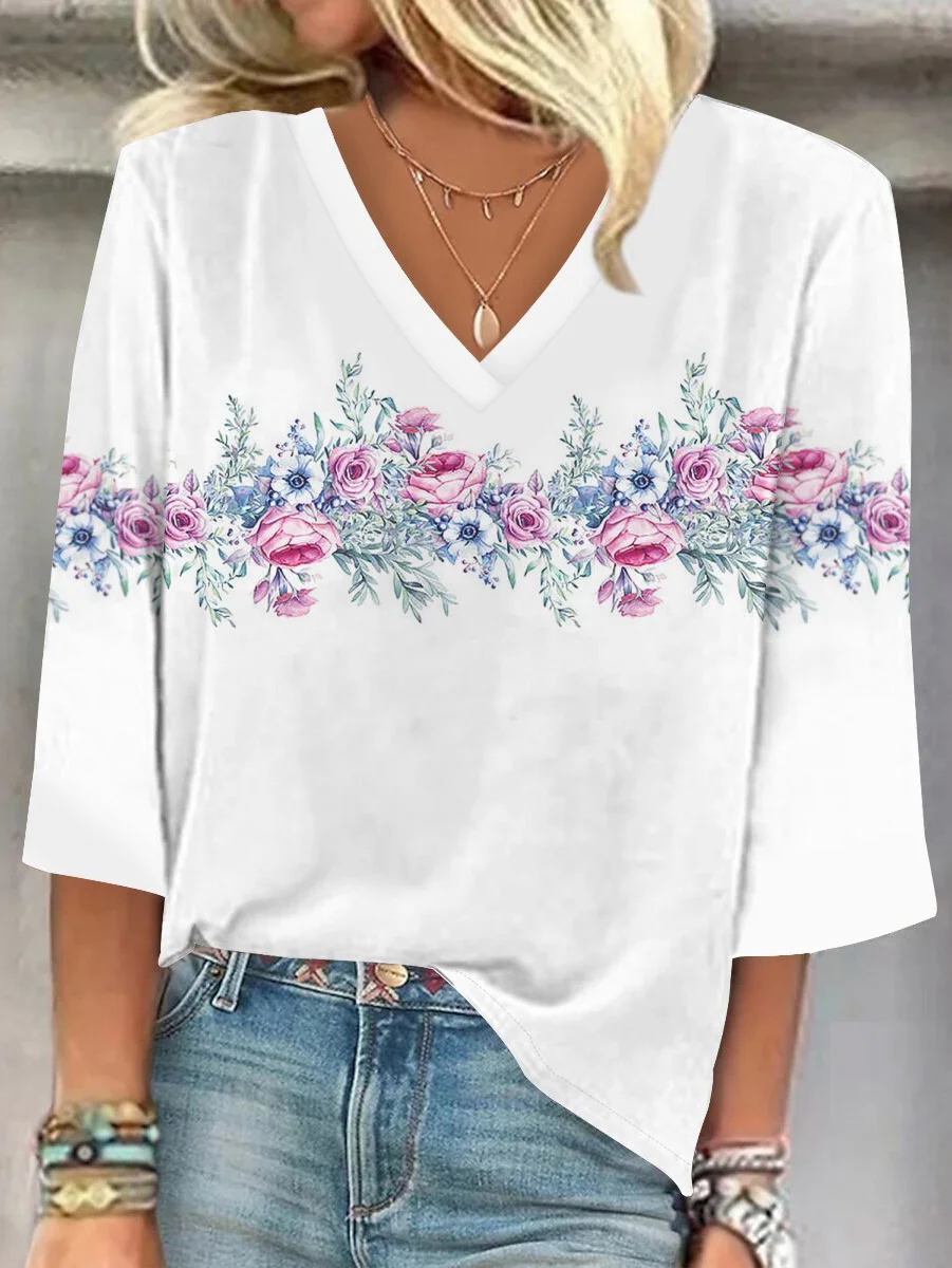 V Neck Three Quarter Sleeve Floral Regular Loose Blouse For Women