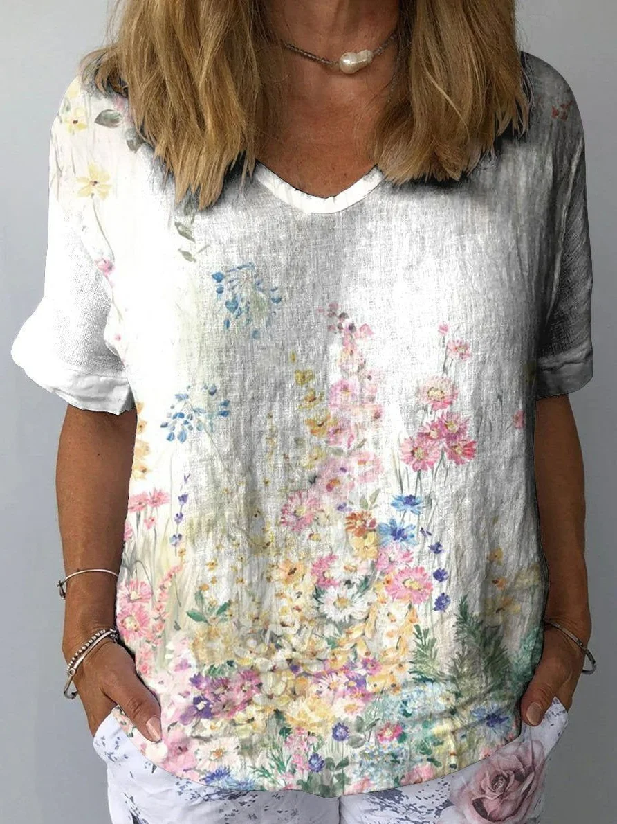 V Neck Short Sleeve Floral Lightweight Loose Blouse For Women