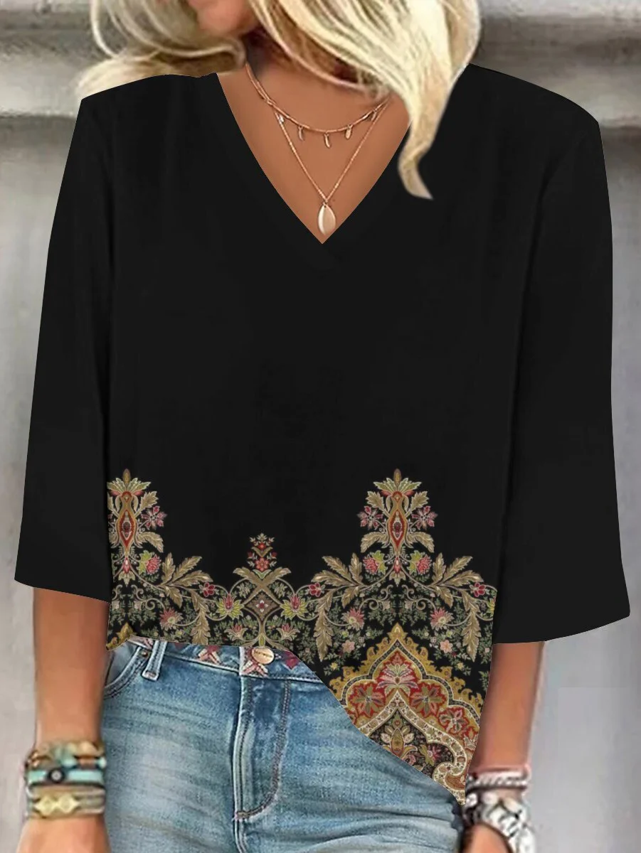 V Neck Three Quarter Sleeve Floral Regular Loose Blouse For Women