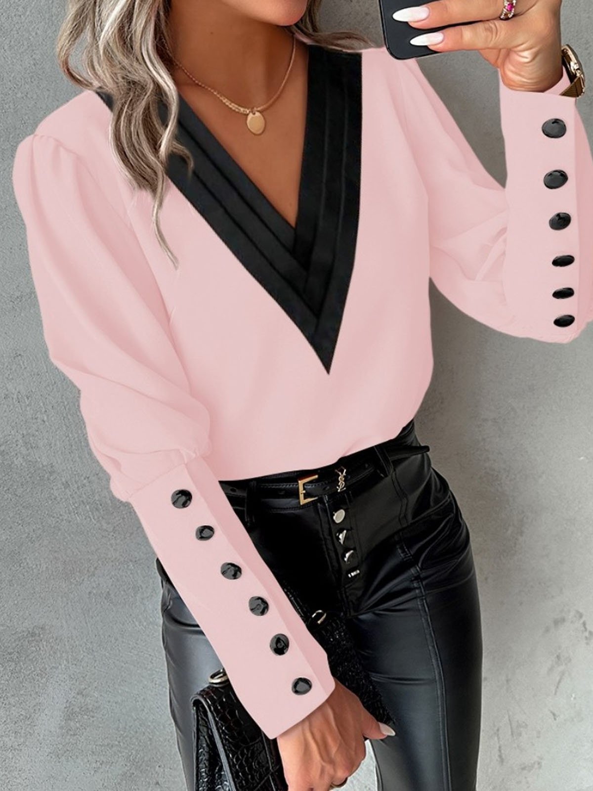 V Neck Long Sleeve Color Block Buckle Regular Loose Blouse For Women