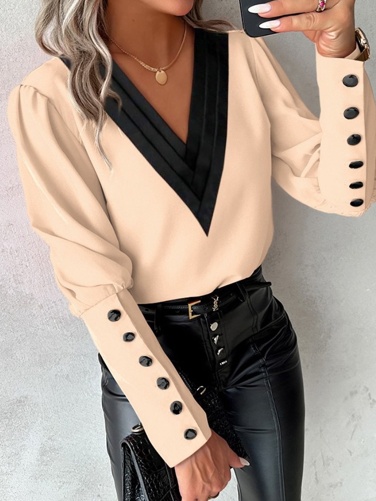 V Neck Long Sleeve Color Block Buckle Regular Loose Blouse For Women