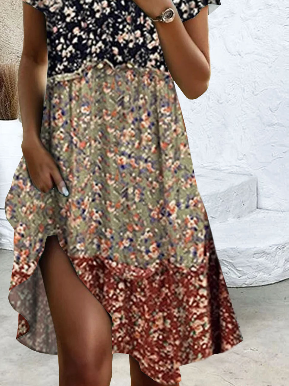Women Ditsy Floral Crew Neck Short Sleeve Comfy Casual Midi Dress