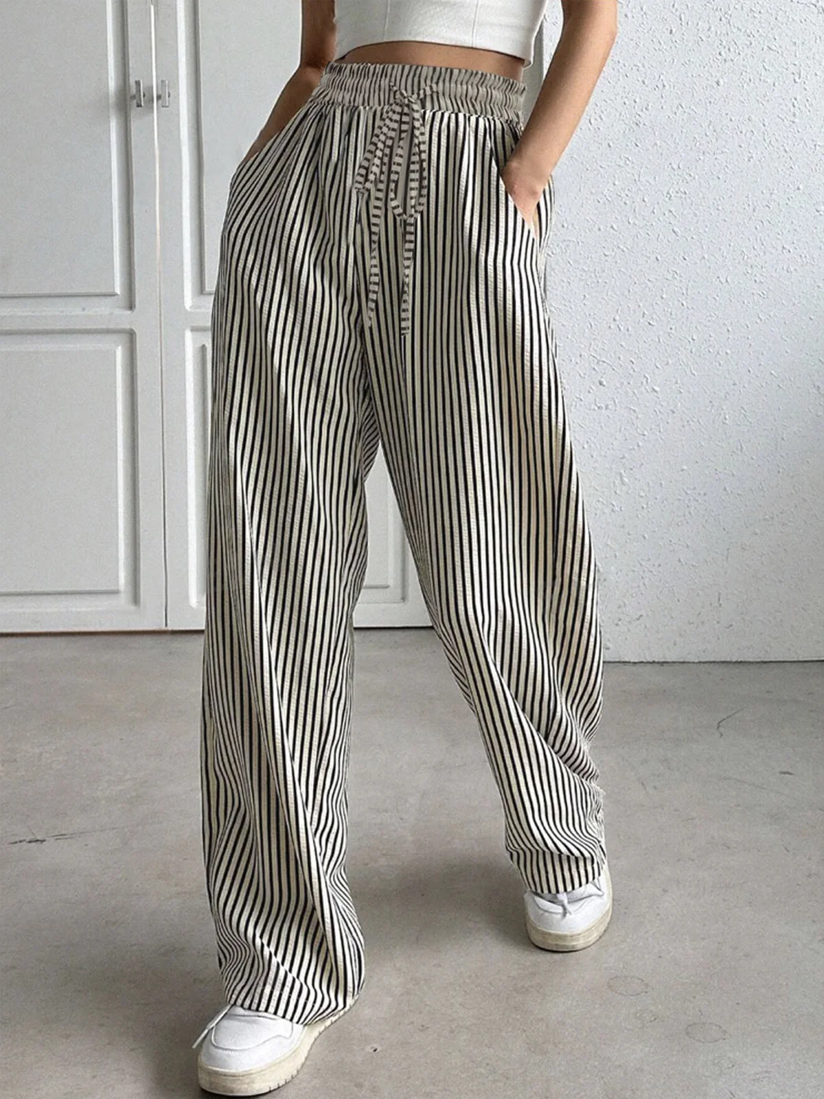 Casual Striped Long Elastic Waist Pocket Stitching Pants