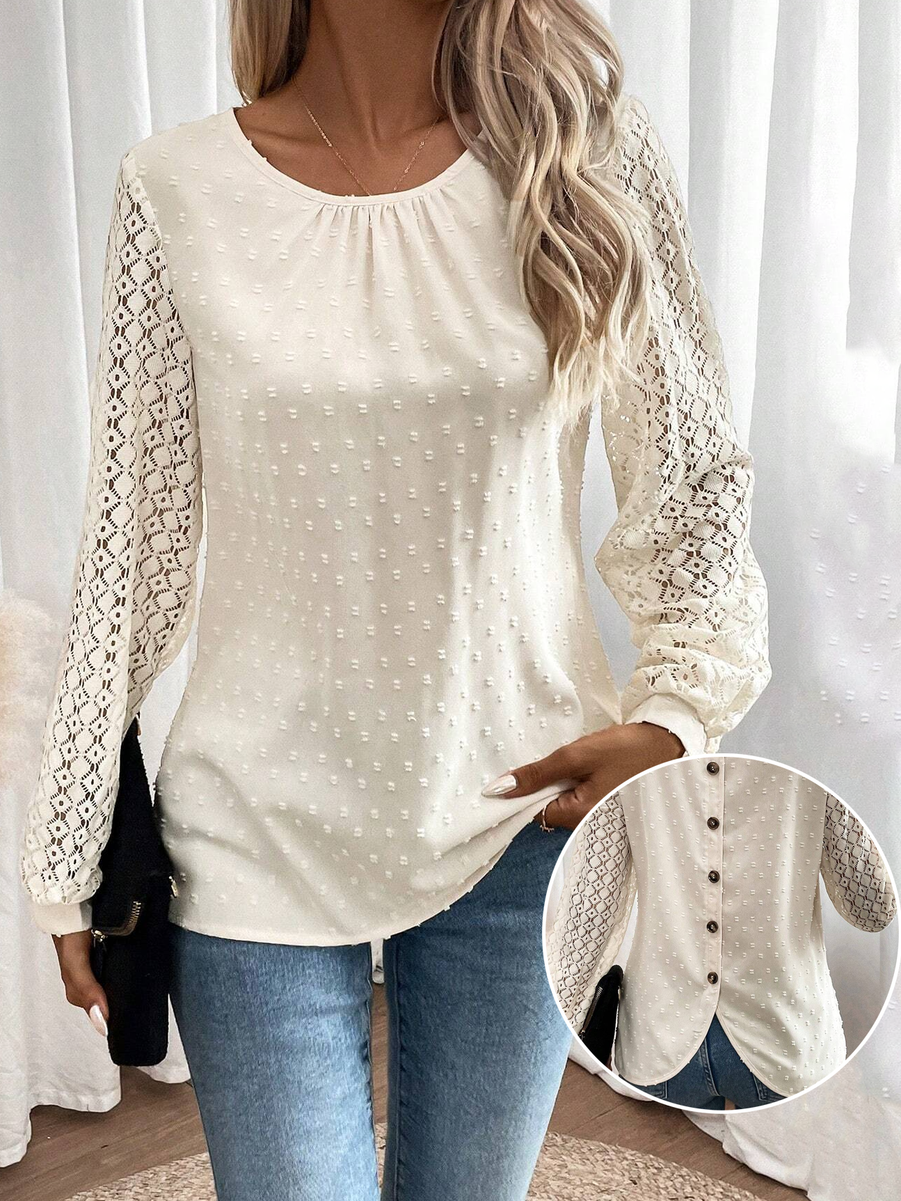 Crew Neck Long Sleeve Plain Jacquard Regular Loose Blouse For Women