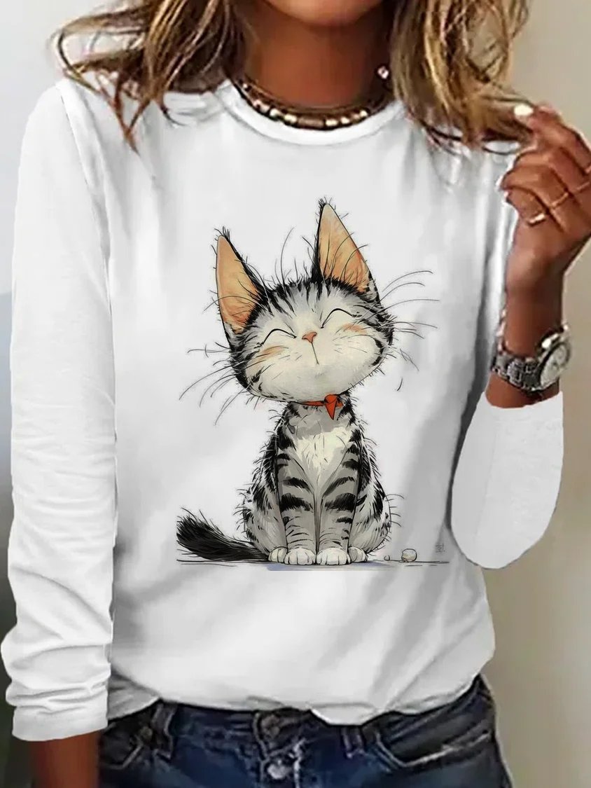 Casual Cat Crew Neck Long Sleeve T-shirt