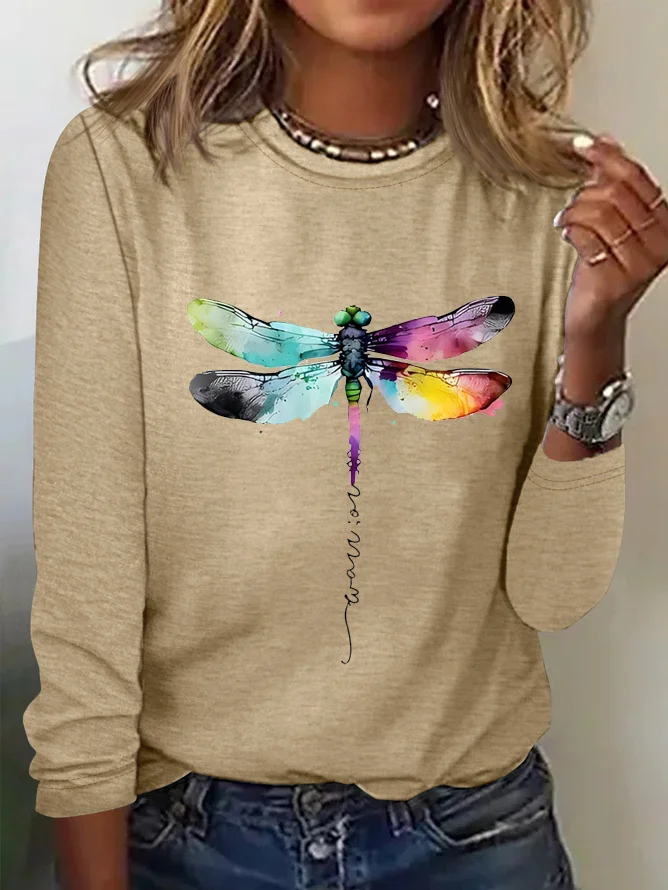 Casual Dragonfly Crew Neck Long Sleeve T-shirt