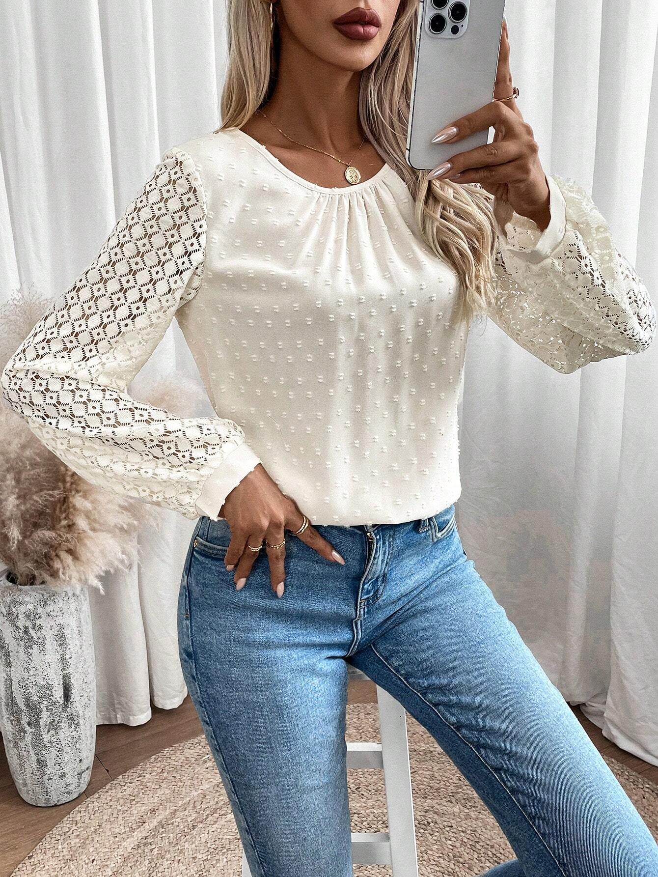 Crew Neck Long Sleeve Plain Jacquard Regular Loose Blouse For Women