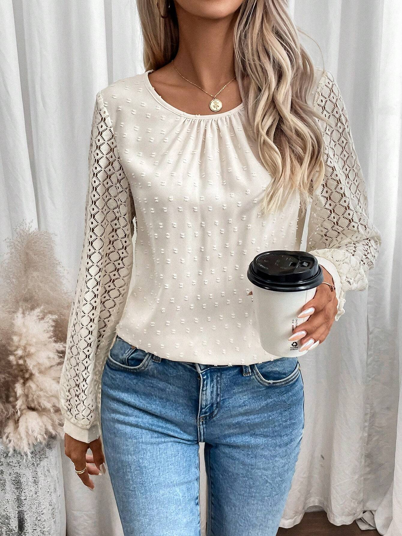 Crew Neck Long Sleeve Plain Jacquard Regular Loose Blouse For Women