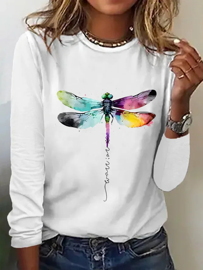 Casual Dragonfly Crew Neck Long Sleeve T-shirt