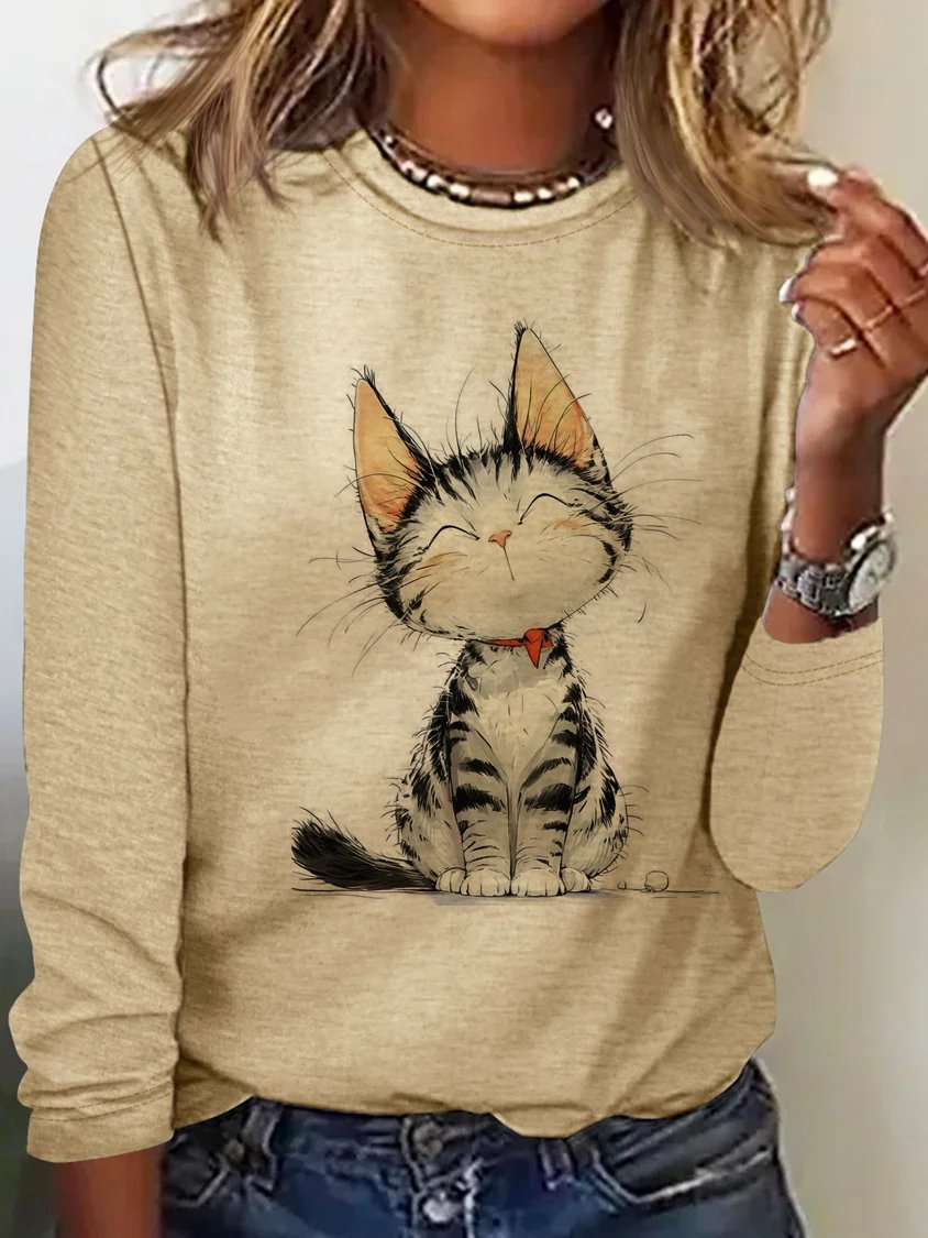 Casual Cat Crew Neck Long Sleeve T-shirt