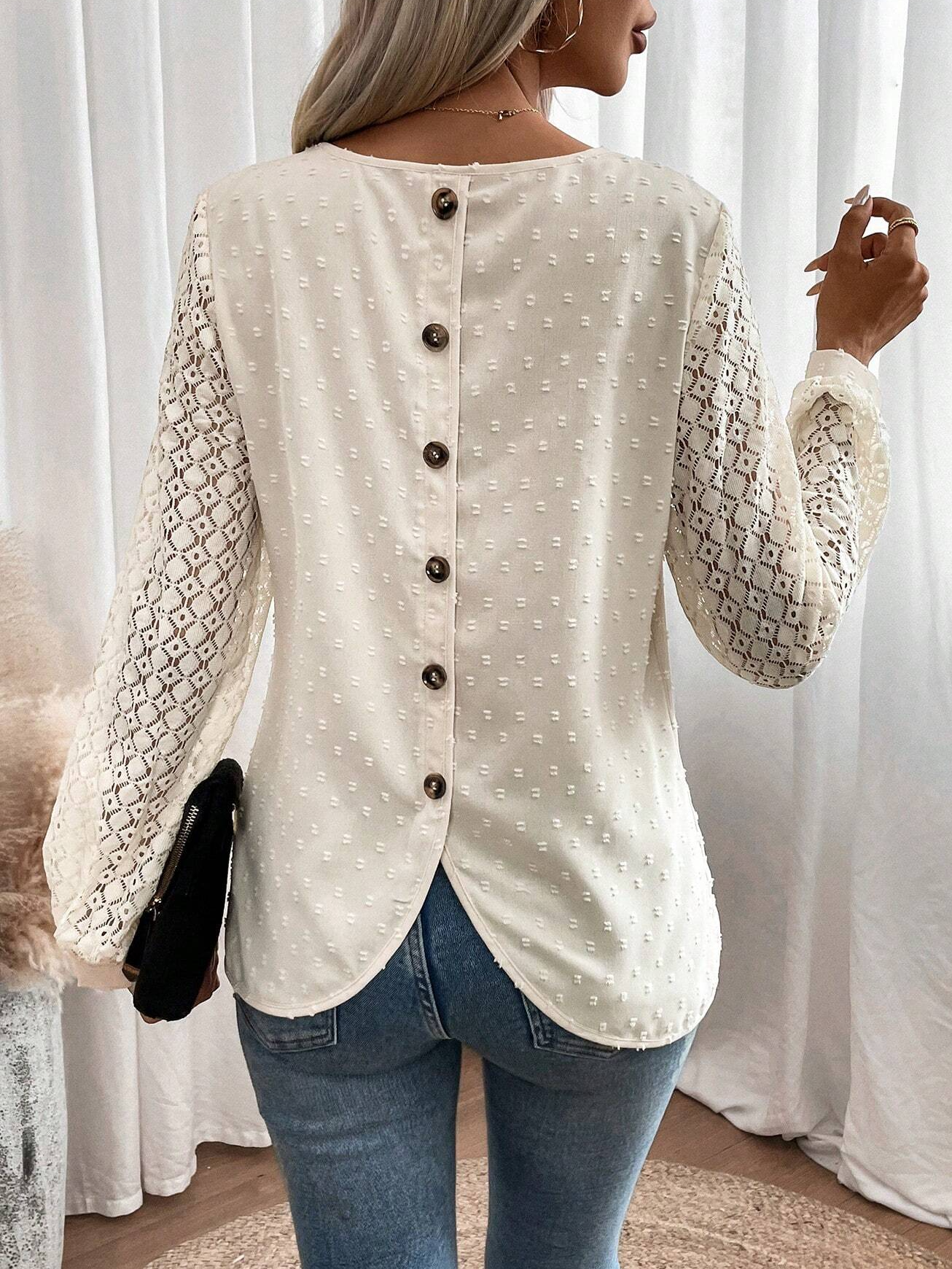 Crew Neck Long Sleeve Plain Jacquard Regular Loose Blouse For Women