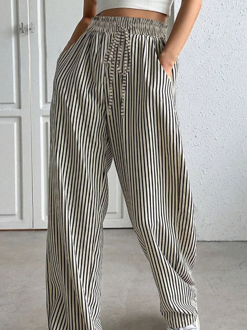 Casual Striped Long Elastic Waist Pocket Stitching Pants