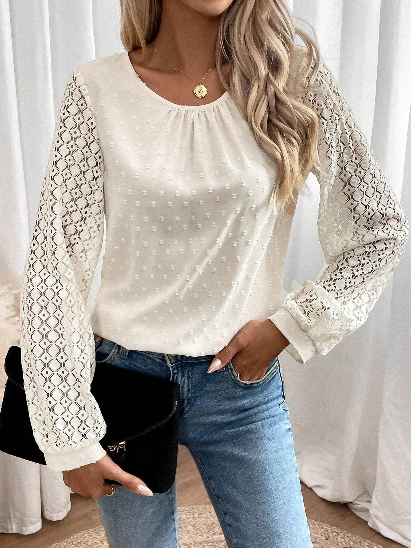 Crew Neck Long Sleeve Plain Jacquard Regular Loose Blouse For Women