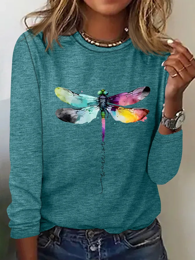 Casual Dragonfly Crew Neck Long Sleeve T-shirt