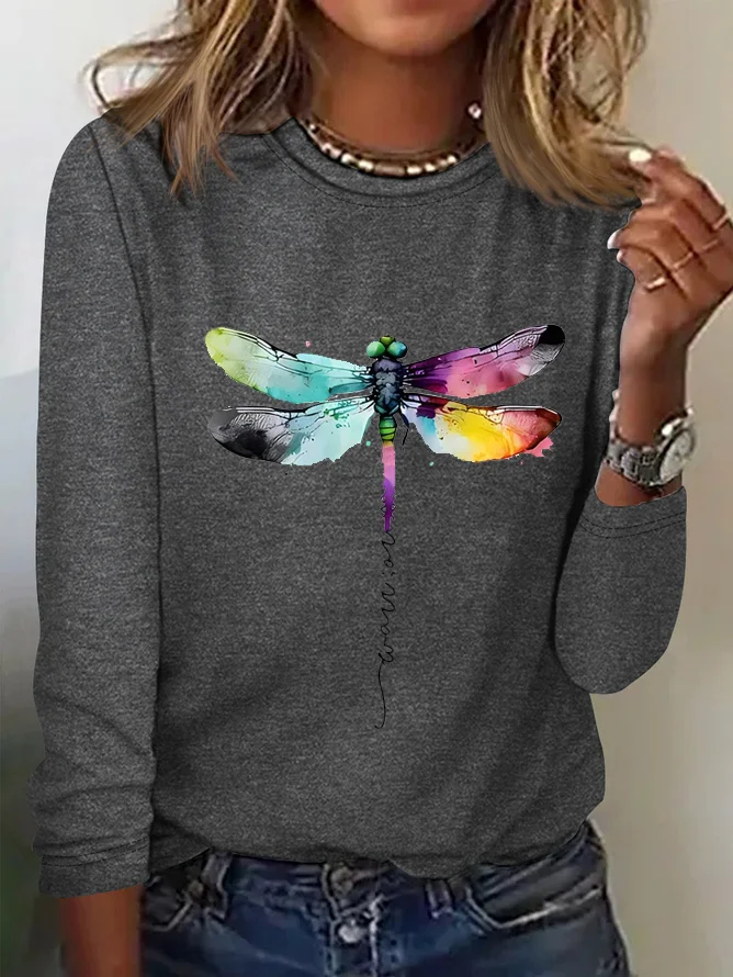 Casual Dragonfly Crew Neck Long Sleeve T-shirt