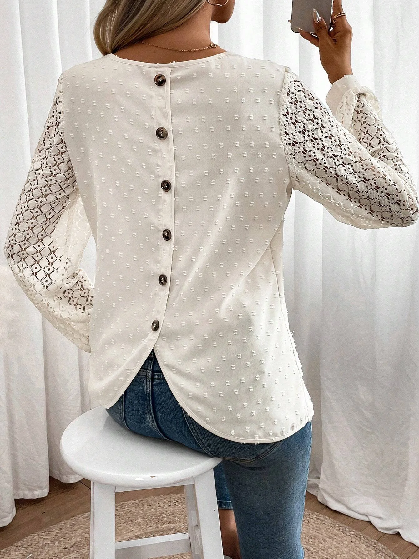 Crew Neck Long Sleeve Plain Jacquard Regular Loose Blouse For Women