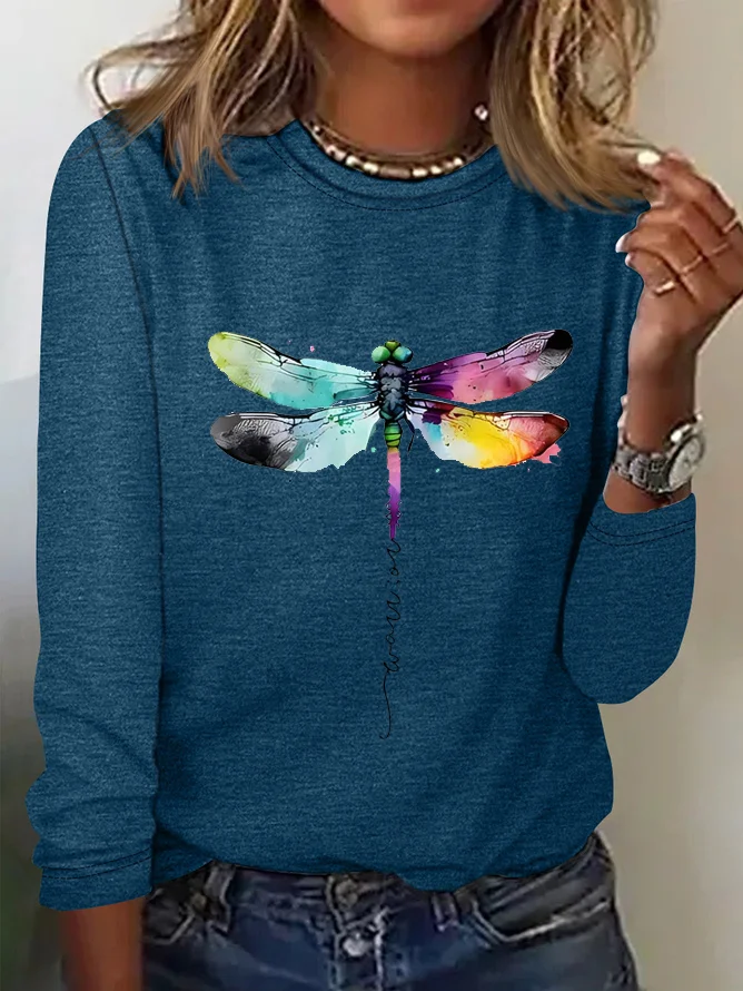 Casual Dragonfly Crew Neck Long Sleeve T-shirt