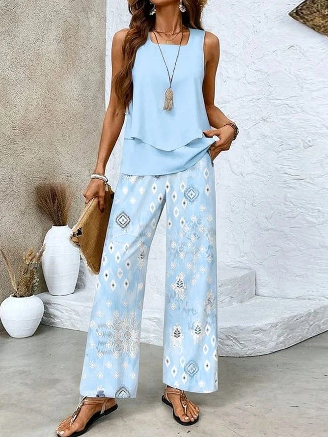 Women Ethnic Square Neck Sleeveless Comfy Casual Folds Top With Pants Two-Piece Set