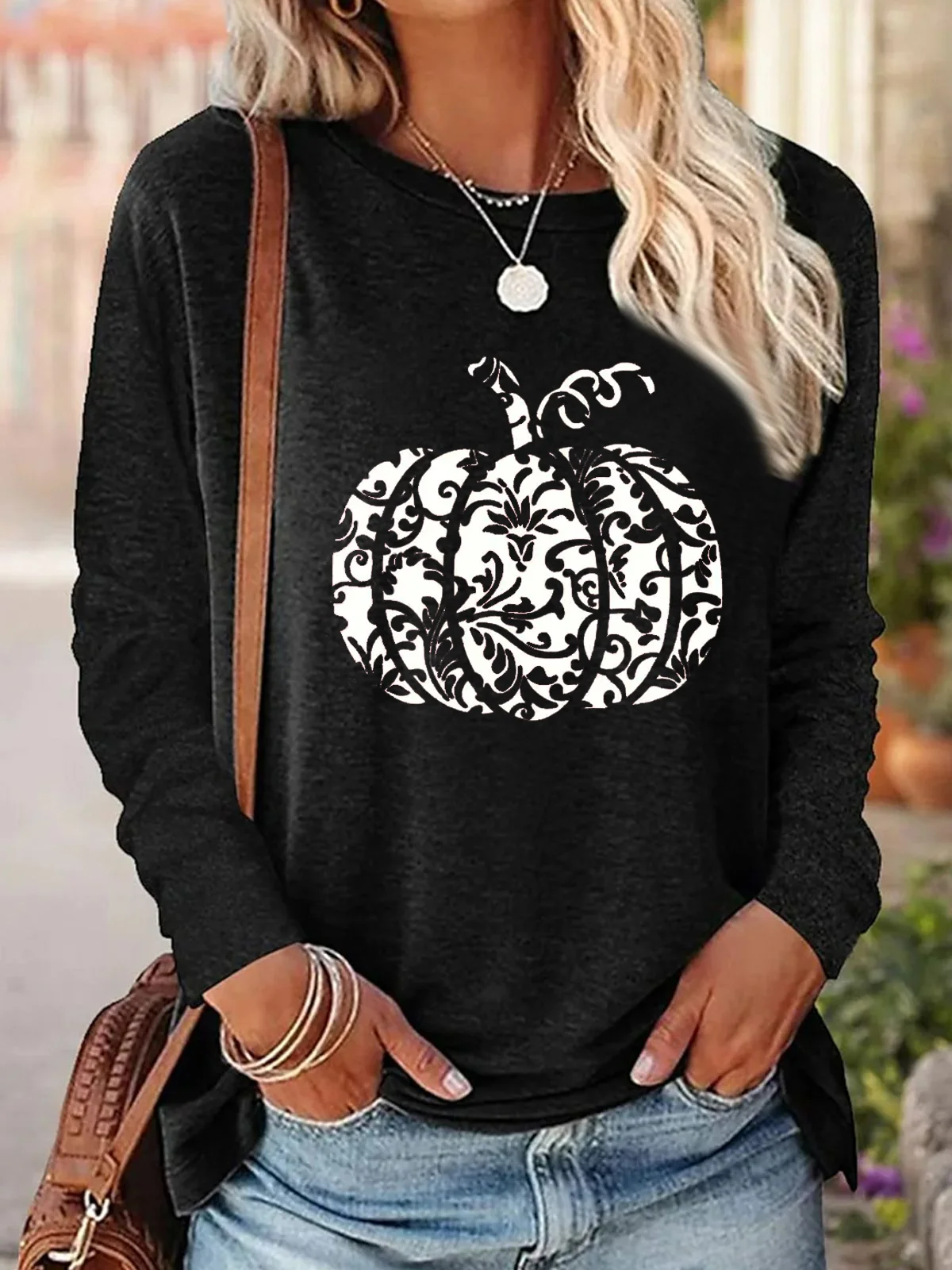 Casual Pumpkin Pattern Crew Neck Long Sleeve T-shirt