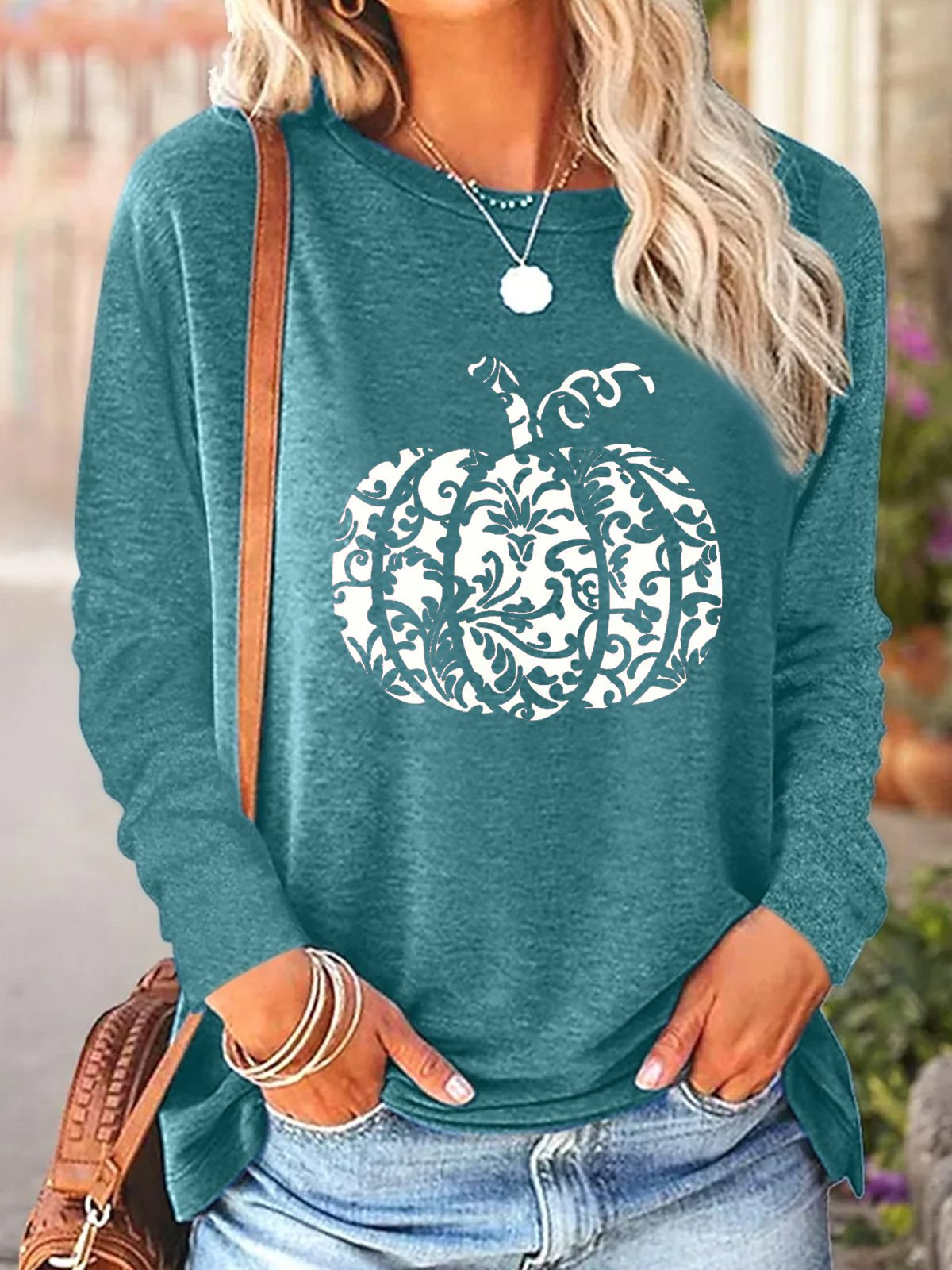 Casual Pumpkin Pattern Crew Neck Long Sleeve T-shirt