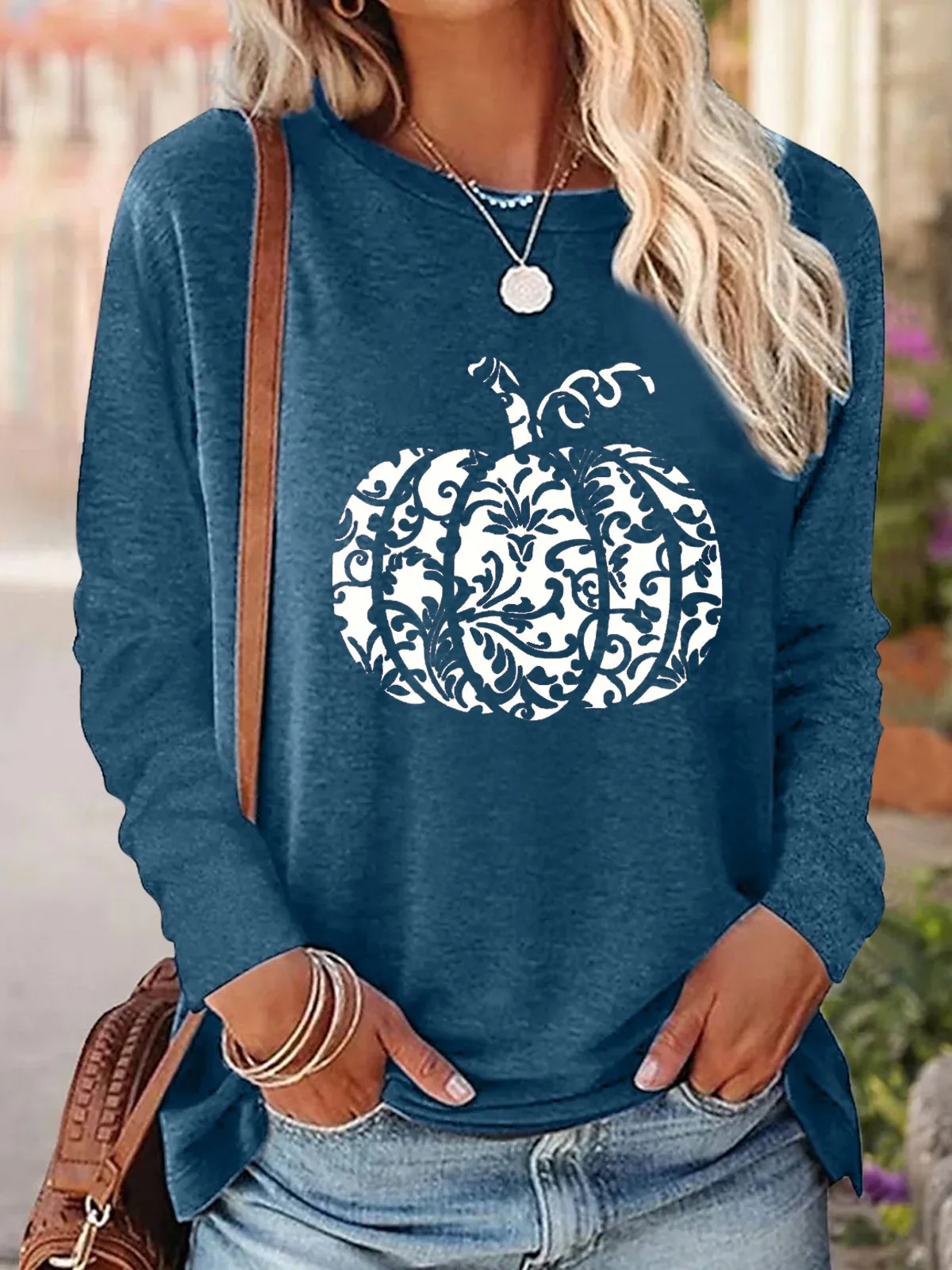 Casual Pumpkin Pattern Crew Neck Long Sleeve T-shirt