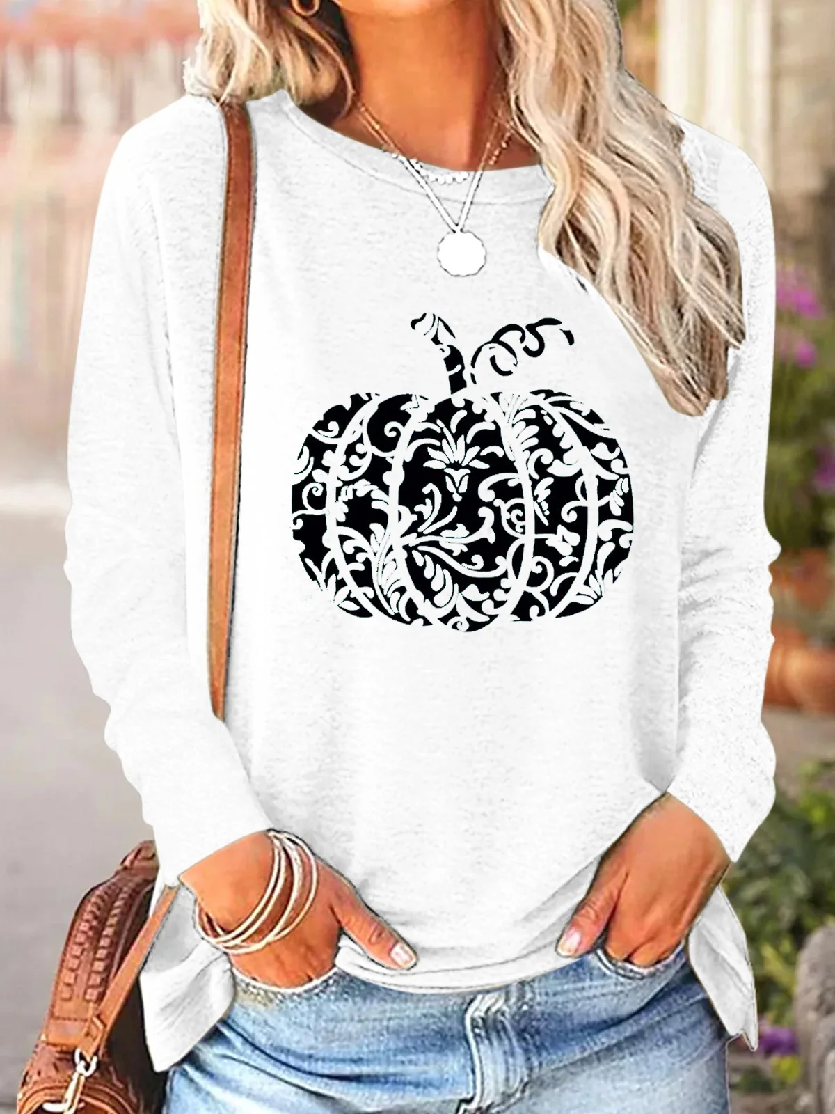 Casual Pumpkin Pattern Crew Neck Long Sleeve T-shirt