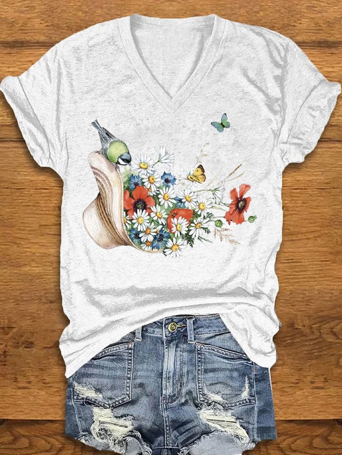 Casual Floral V Neck Short Sleeve T-shirt