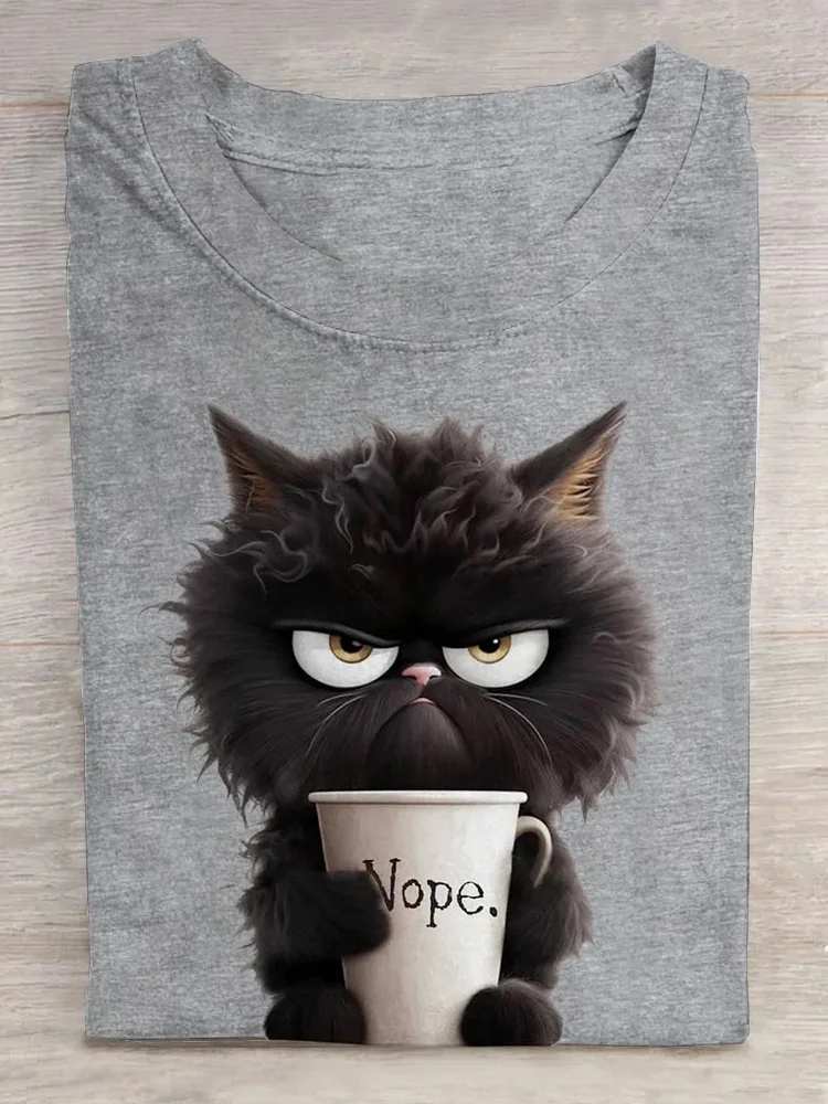 Casual Cat Crew Neck Short Sleeve T-shirt