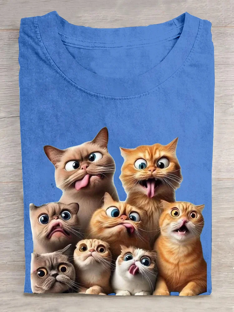 Casual Cat Crew Neck Short Sleeve T-shirt