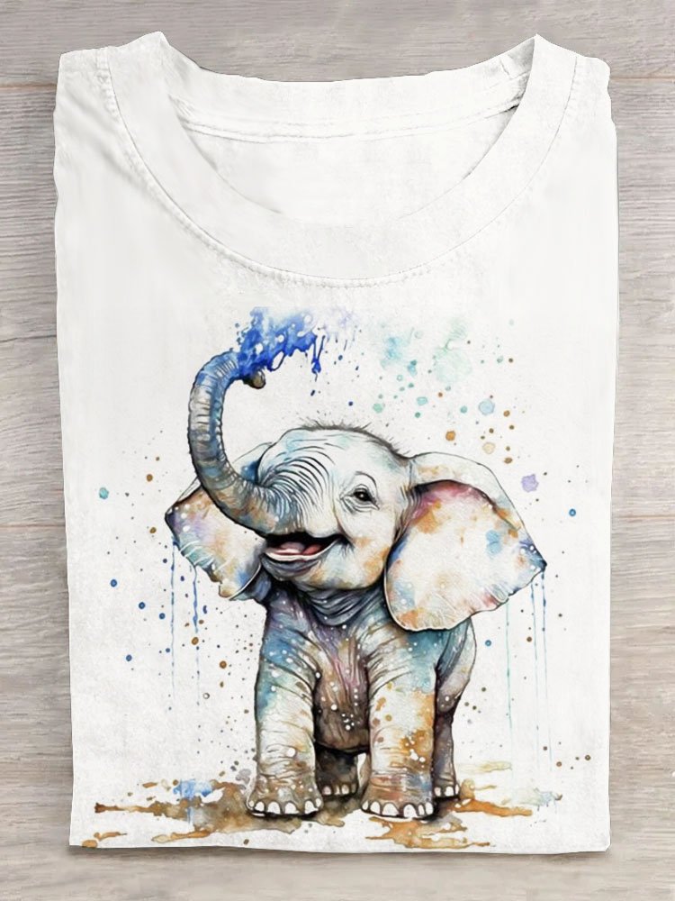 Casual Elephant Crew Neck Short Sleeve T-shirt