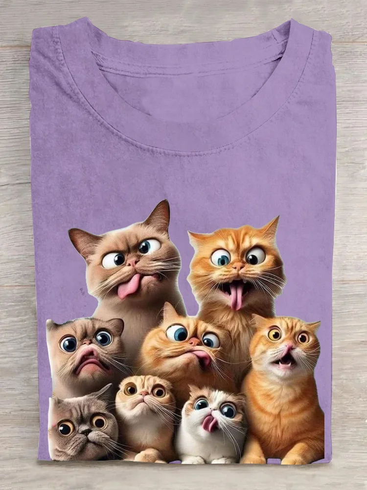 Casual Cat Crew Neck Short Sleeve T-shirt