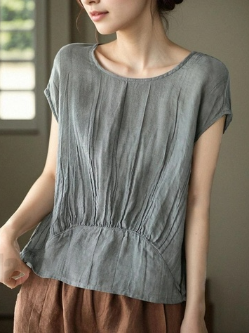 Crew Neck Short Sleeve Plain Regular Loose Shirt For Women