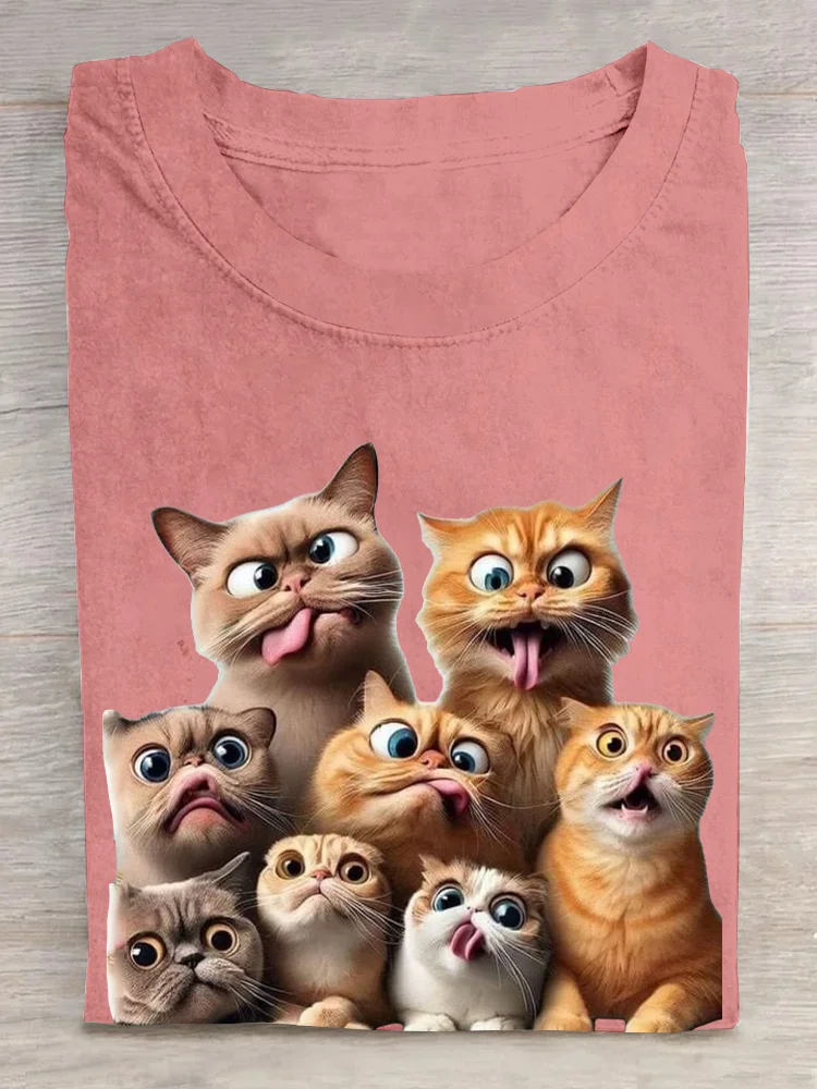 Casual Cat Crew Neck Short Sleeve T-shirt