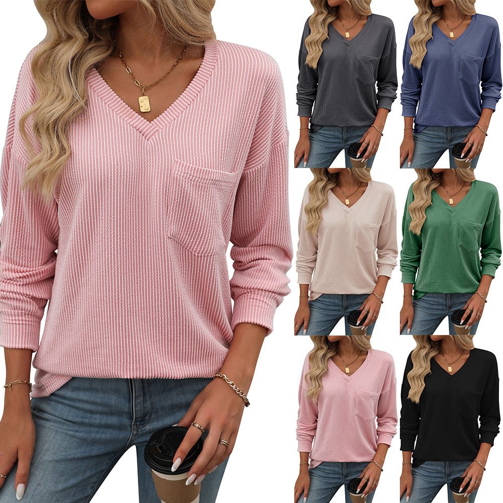 Casual Striped V Neck Long Sleeve T-shirt