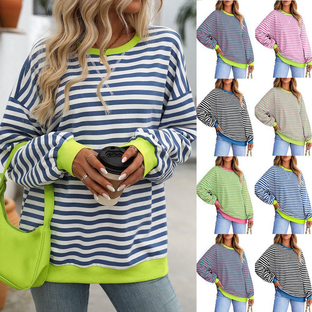 Casual Crew Neck Striped Sweatshirt