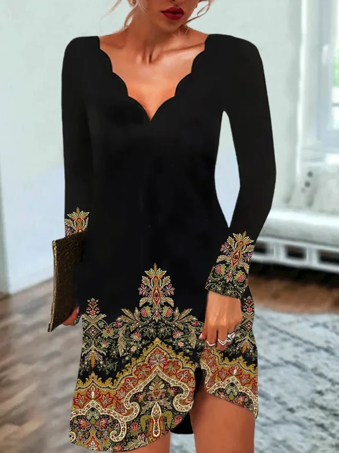 Women Ethnic V Neck Long Sleeve Comfy Casual Midi Dress