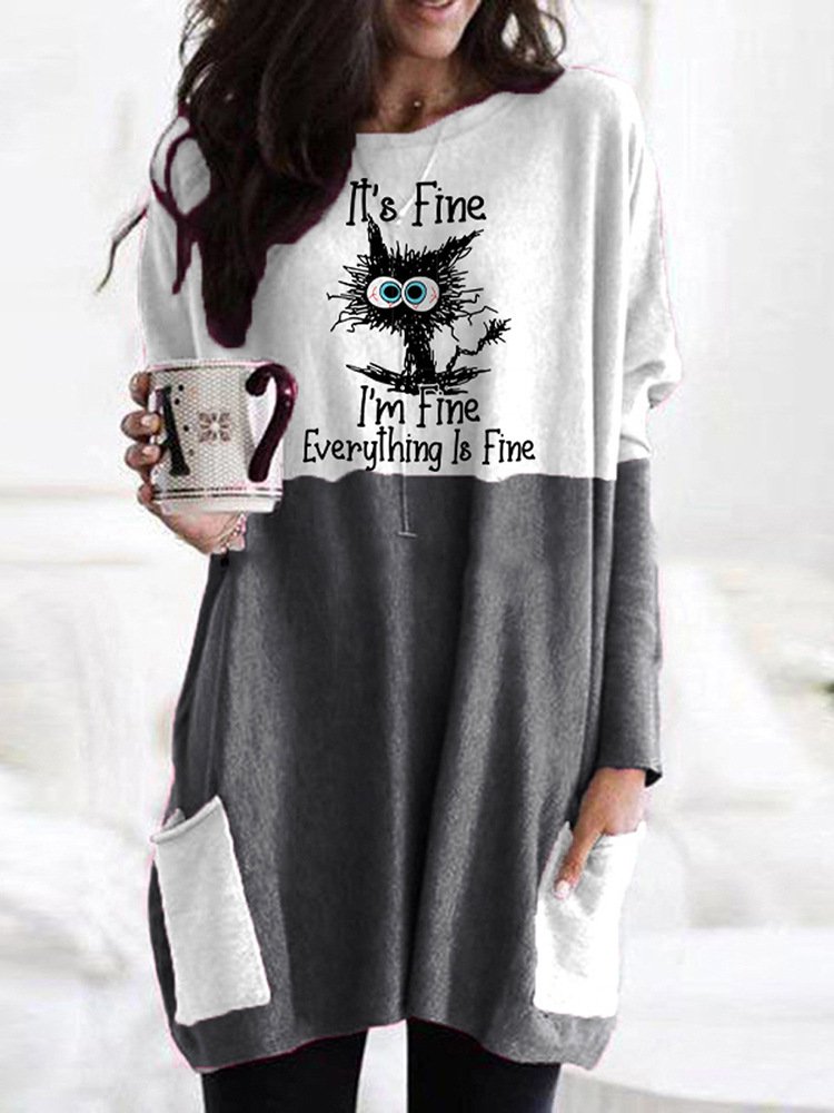 Casual Cat Crew Neck Long Sleeve T-shirt