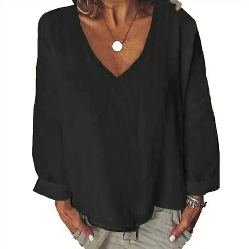 V Neck Long Sleeve Plain Regular Loose Blouse For Women