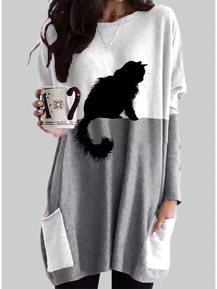 Casual Cat Crew Neck Long Sleeve T-shirt