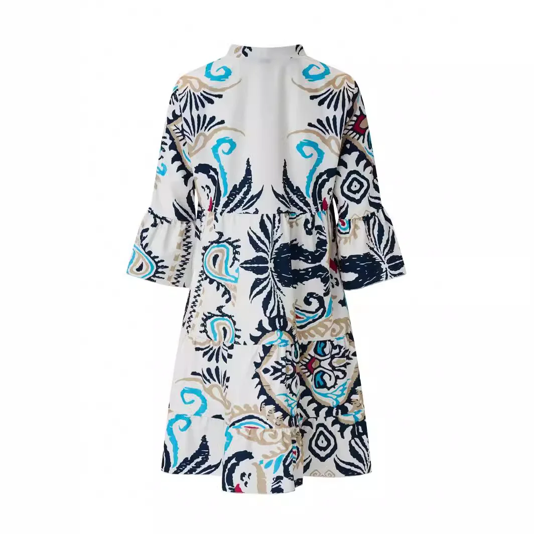 Women Ethnic V Neck Three Quarter Sleeve Comfy Casual Mini Dress