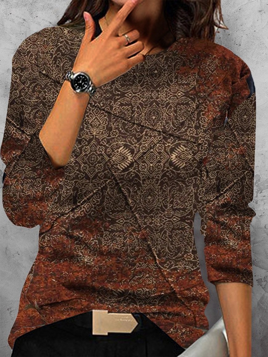 Casual Ethnic Crew Neck Long Sleeve T-shirt