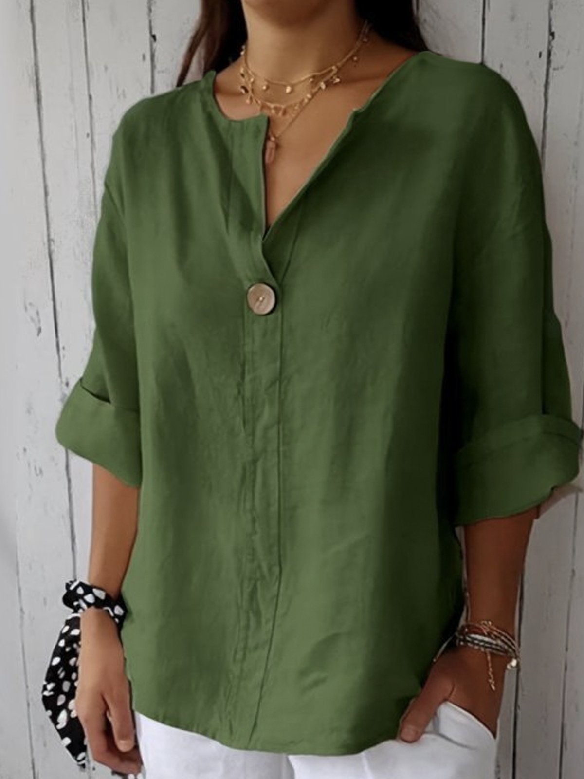 V Neck Three Quarter Sleeve Plain Buttoned Regular Loose TUNIC Blouse For Women