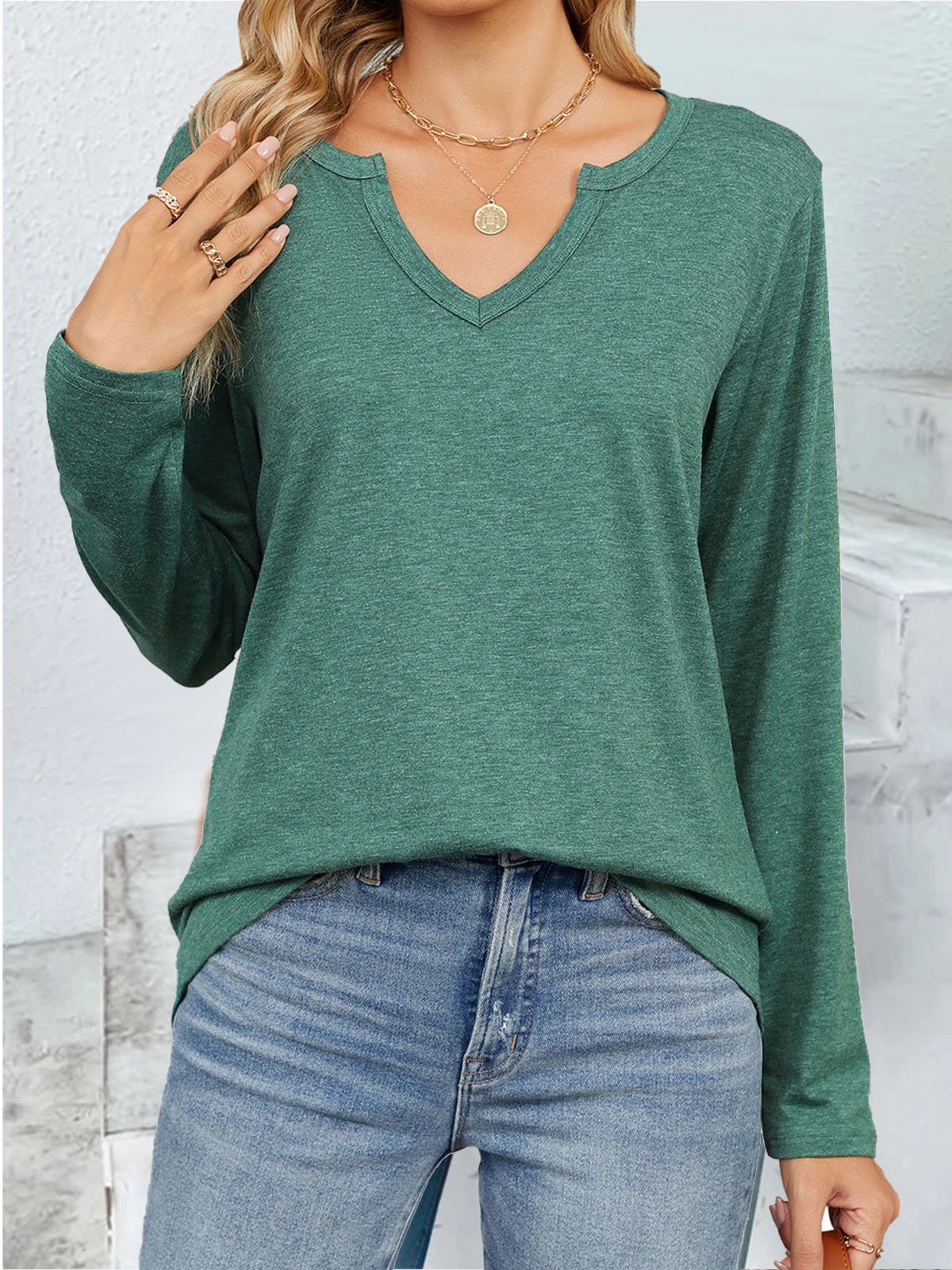 Casual Plain Notched Long Sleeve T-shirt