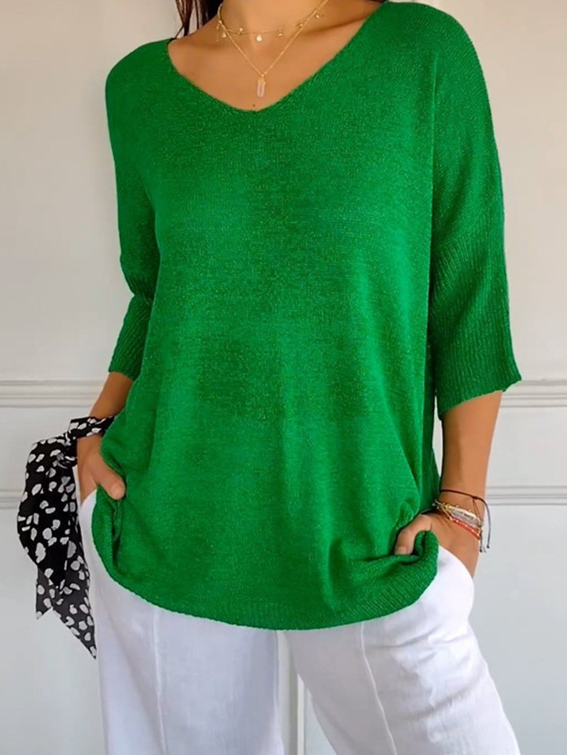 Women Yarn/Wool Yarn Plain Three Quarter Sleeve Comfy Casual Sweater