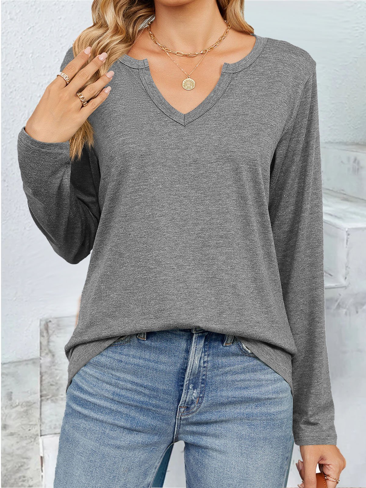 Casual Plain Notched Long Sleeve T-shirt