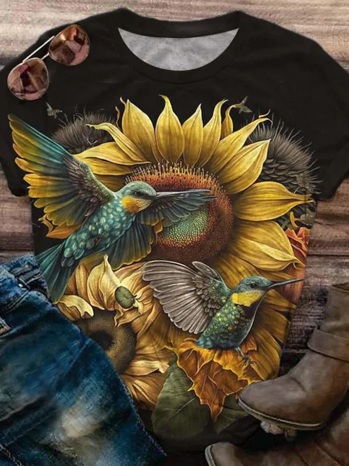 Casual Floral Crew Neck Short Sleeve T-shirt