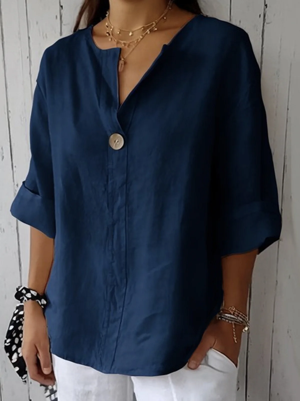 V Neck Three Quarter Sleeve Plain Buttoned Regular Loose TUNIC Blouse For Women