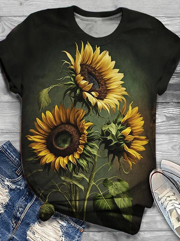 Casual Floral Crew Neck Short Sleeve T-shirt